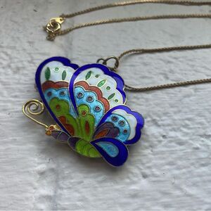 70s butterfly pendant gold tone necklace cloisonne enamel blue green vintage EUC